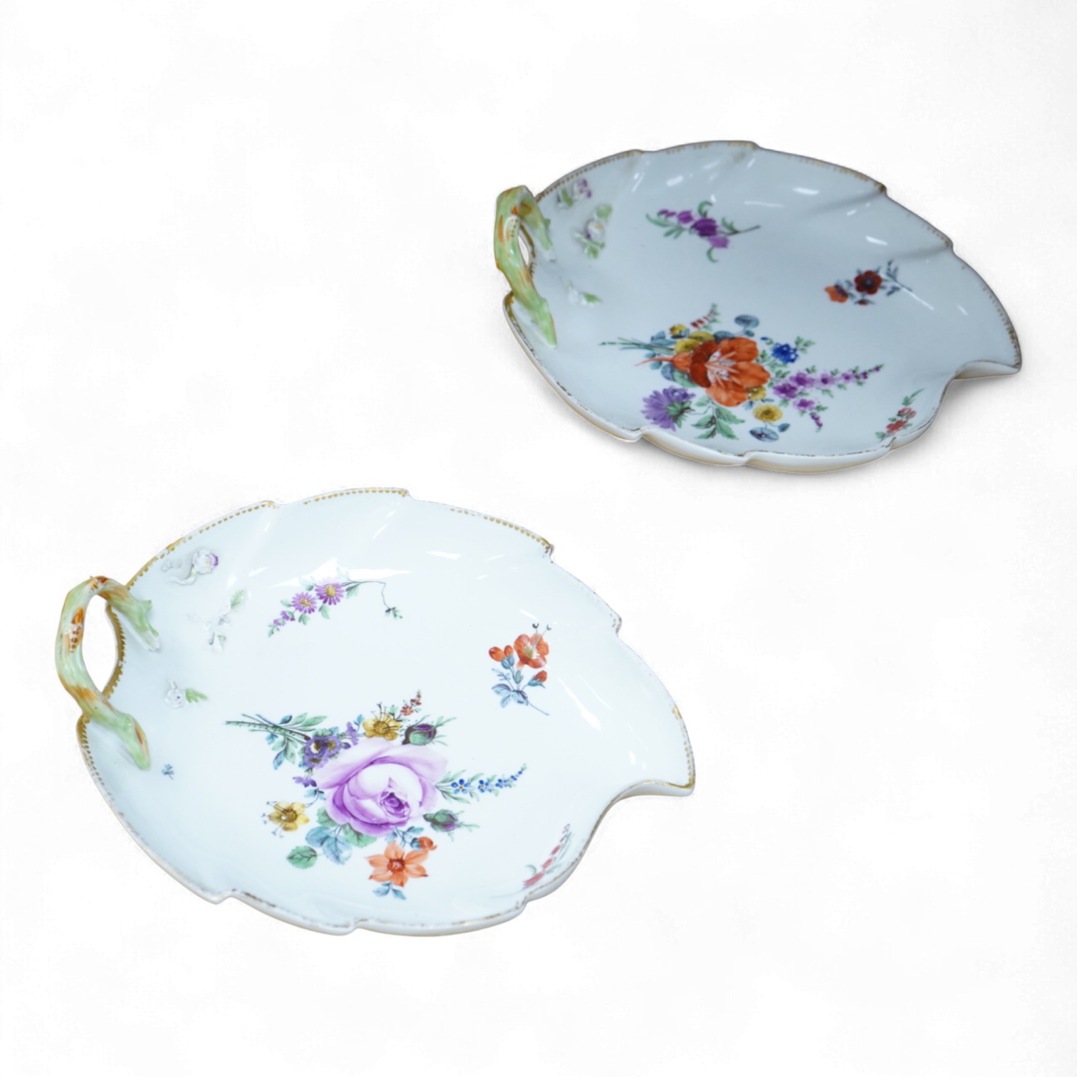 A pair of late 18th / early 19th century Meissen ‘leaf’ dishes, 25cm